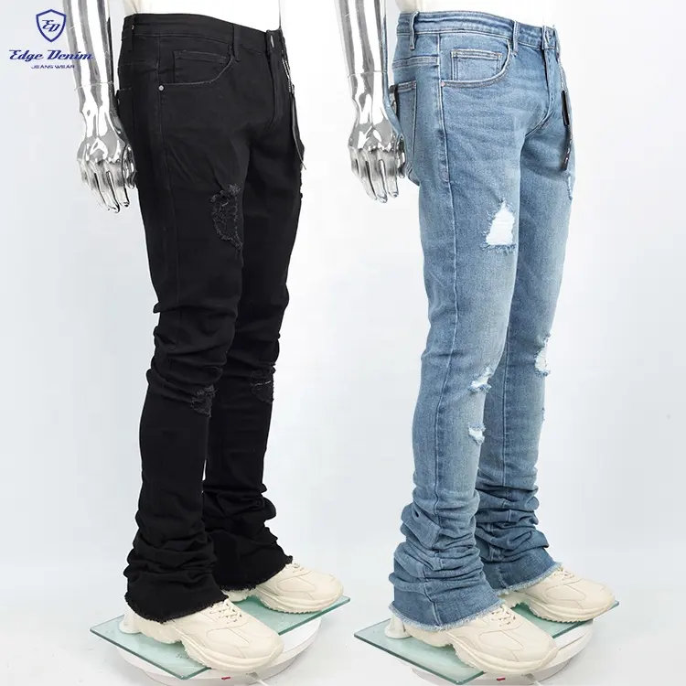 EDGE DENIM Manufacturers High quality hip hop custom vintage wash skinny stacked flare jeans men