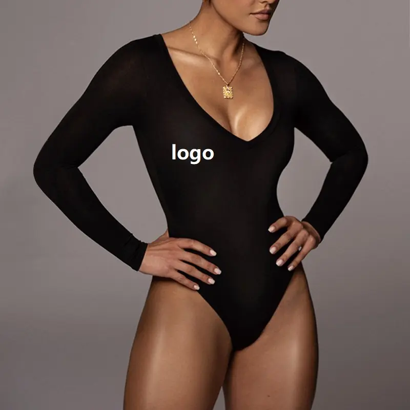 Custom LOGO 1 Piece Rompers Sexy Deep V Neck Collar Women Undies Stretchable Jumpsuit Comfortable Viscose Ladies Bodysuit