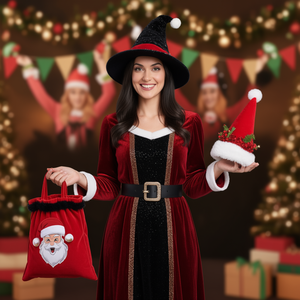Velvet Adult Women's <b>Dress</b> Pve Bag With Hat And Belt For <b>Christmas</b> Party Costume - Product Image 3