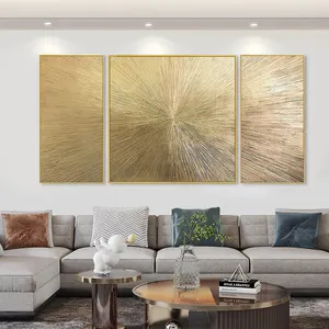 Lukisan minyak lukis tangan akrilik emas desain abstrak kontemporer di atas kanvas ukuran kustom untuk bingkai tamu kantor atau Hotel