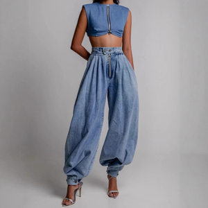 Pantalon en jean <span class=keywords><strong>cargo</strong></span> <span class=keywords><strong>Y2K</strong></span> décontracté pour femme, taille haute, ample, respirant, avec fermeture éclair et revers, style streetwear, tendance été, OEM ODM - Product Image 2