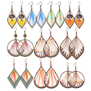 Boucles d'oreilles pendantes géométriques bohèmes en fil de coton ciré plaqué bronze antique, bijoux de fête pour femmes, boucles d'oreilles tendance - Product Image 1