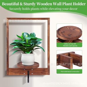Wooden Wall Mounted Planter Shelf Solid Wood Frame With <b>Hooks</b> Hanging Indoor <b>Plant</b> Stand Single Layer - Product Image 3