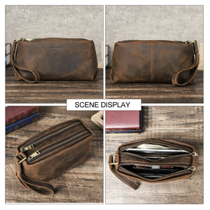 Contact's Vintage Crazy Horse Leather <strong>Clutch</strong> Purse Handbag for Men <strong>With</strong> Detachable <strong>Wrist</strong> <strong>Strap</strong> Double-Zipper Mens <strong>Wrist</strong> <strong>Bag</strong> - Product Image 6