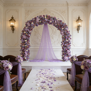 Arche florale DKB en soie artificielle, roses violettes et delphiniums, idéale pour les cérémonies de mariage et les décors de demande en mariage - Product Image 1
