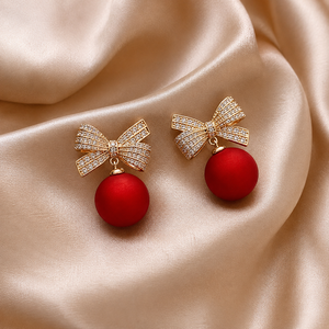 Hot Sale Fashion Gold Plated Crystal Diamonds White Black <b>Red</b> <b>Bow</b> Geometric Pearl Drop Earrings for Women Wholesale - Product Image 1