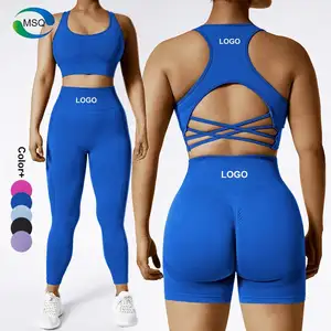 Custom Logo Gym Clothes Fitness Sets Workout Wear Yoga Sets Long Sleeve Top Sports Bra Scrunch Butt Shorts Leggings For Women