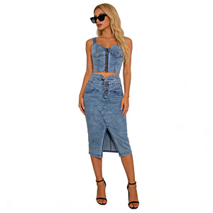Completo Set Estivo 2026 Nuovo di Alta Qualità Stile Hong Kong INS da <span class=keywords><strong>Donna</strong></span>: Top Corto Sexy con Spalline e Gonna in Denim a Vita Alta - Product Image 4