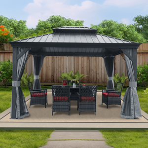 Gazebo permanent à double toit rigide en aluminium avec moustiquaire et parois latérales de confidentialité Cadre en métal Couleur grise - Product Image 2