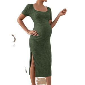 Robe de maternité style français, col carré, manches courtes, tricot côtelé, robe moulante mi-longue avec fente latérale, pour femmes enceintes, pour l'été - Product Image 6