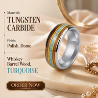 Cincin Tungsten Carbide 8mm Kayu Tong Whiskey, Turquoise, Perak Senar Gitar, Polesan Halus, Perhiasan Pernikahan/Pertunangan Pasangan