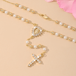 Nuovo <span class=keywords><strong>Rosario</strong></span> Lungo Religioso con Croce e Perline, Collana <span class=keywords><strong>Rosario</strong></span> Cattolico con Madonna, Collane con Perline Placcate <span class=keywords><strong>Oro</strong></span> - Product Image 5