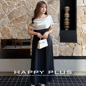 Robe col roulé en satin Happy Plus avec empiècements, taille empire, grande taille, couleur contrastante, pour banquets, soirées et usage quotidien - Product Image 1