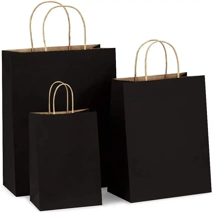 पुनर्चक्रण योग्य कस्टम मुद्रित पेपर बैग लक्जरी मैट ब्लैक गिफ्ट बैग पर्यावरण अनुकूल शॉपिंग बैग हैंडल के साथ क्राफ्ट पेपर