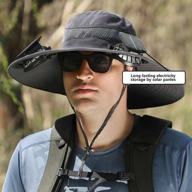 Hiking Camping Casual Bucket Hat Fan Fishing Blank Summer Mesh Caps Unisex Waterproof Plain Promotional Solar Fan Cap Custom