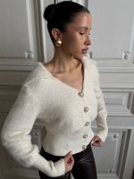 Cardigan en tricot moelleux de luxe pour femme, collection automne-hiver 2026, col polo, boutons perlés, pull en fil de plumes, vêtement d'extérieur côtelé amincissant à la taille