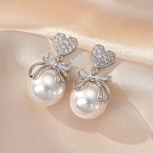 SENYU moda 15mm imitación bola redonda perla pendientes pavimentado Zirconia cúbica moda Rosa corazón Bowknot diseño boda joyería - Product Image 2