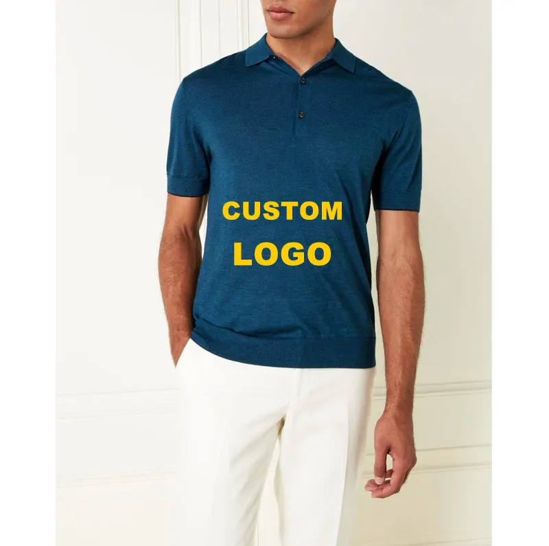 Customize Logo Solid Navy Wool Pique Lapels Short Sleeve Men Plain Polo Shirt