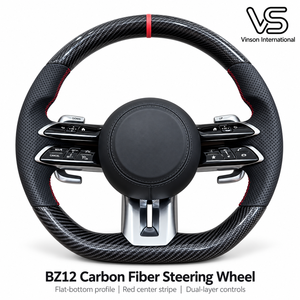 Volant à fond plat en fibre de carbone personnalisé BZ12 pour Mercedes Benz Classe C W205 W206 avec bande rouge et commandes à double couche - Product Image 1
