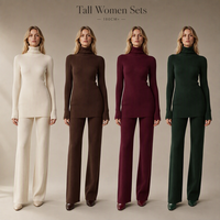 Ensemble deux pièces en maille côtelée à col roulé pour femmes grandes tailles, pull long et pantalon large assorti, vêtements de détente en maille OEM