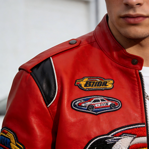 جاكيت جامعي من الجلد عالي الجودة مع تطريز حروف وسحاب، تصميم على طراز البومبر للدراجات النارية وملابس الشارع - Product Image 2