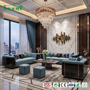 Ensemble de canapé Chesterfield capitonné en velours haut de gamme et table basse en marbre avec finition en métal doré pour salon de villa de luxe - Product Image 4