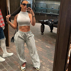 <span class=keywords><strong>Pantaloni</strong></span> sportivi BR3858 da <span class=keywords><strong>donna</strong></span> <span class=keywords><strong>grigi</strong></span> con coulisse, a righe verticali, a gamba dritta e larga, a vita alta, modello loose. - Product Image 4