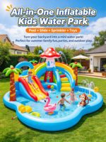 Tendance 2026 Parc aquatique gonflable carré bleu clair pour enfants avec toboggan et arroseur, et jouets flamant rose et singe, pour l'été en extérieur