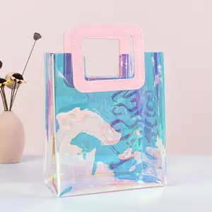 Bolsa de compras de regalo de dama de honor de playa de PVC holográfica con logotipo personalizado con asa cuadrada de cuero PU rosa