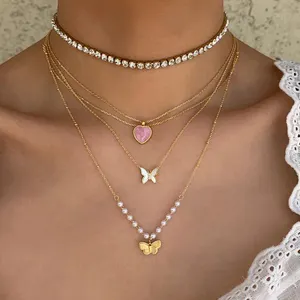 Stainless Steel Necklace Butterfly Women Dainty Jewelry Fashion Necklaces 18K Gold Plated Pearl Beads Butterfly Necklace