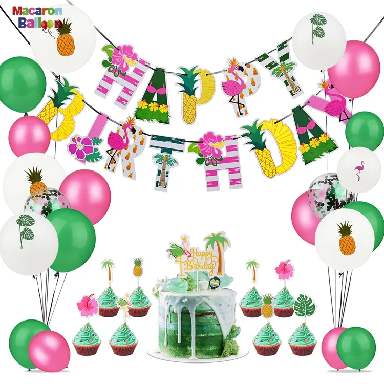 Bandérole d'anniversaire hawaïenne pour décor de fête Luau Aloha, décor de plage, joyeux anniversaire, flamant rose ananas, ballons, ensemble de garniture de gâteau A3046, 1 pièce