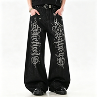 Jean baggy noir vintage délavé personnalisé avec imprimé strass gothique, œillets et chaînes, coupe large, pour homme, style streetwear