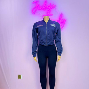 Setelan 2 Pcs Wanita Jaket Crop Bordir Ritsleting Lengan Panjang dan Celana Outfit Kasual Tracksuit - Product Image 4