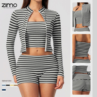 Ensemble de yoga 3 pièces écologique prêt à porter : short côtelé rayé, veste en spandex respirant et léger, taille mi-haute, grandes tailles