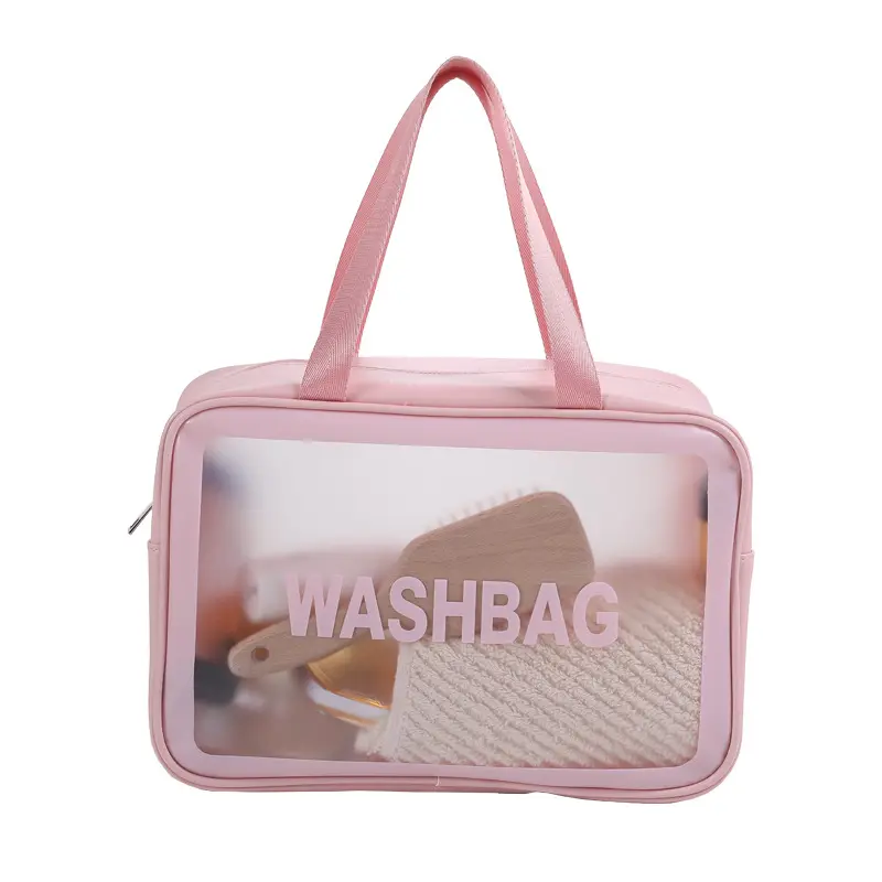 Custom logo fashion transparent cosmetic bag PVC brush travel cosmetic bag with handheld