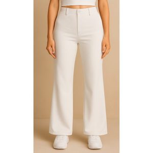 กางเกงขาบานสีขาวสำหรับผู้หญิงเอวสูงผ้าเรียบใส่สบายความยาวสวมใส่ทุกวันสำนักงานพร้อมชุบยางยืดขนาด - Product Image 2