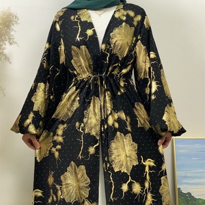 1444# Classy Gorgeously Gold Flowers Print With Shiny Rhinestones With Hidden Belt With Pockets Women Eid Black Abaya - Product Image 5