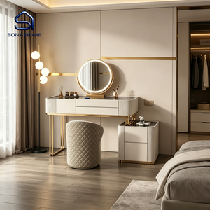 Luxury Gold Fluted Vanity <strong>Table</strong> Set with Dimmable LED Mirror and Storage Cabinet - Product Image 3