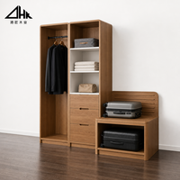 Armoire ouverte pour chambre à coucher avec tringle de suspension, étagères, tiroir, banc de rangement et meuble de rangement en bois pour usage domestique - Ensemble