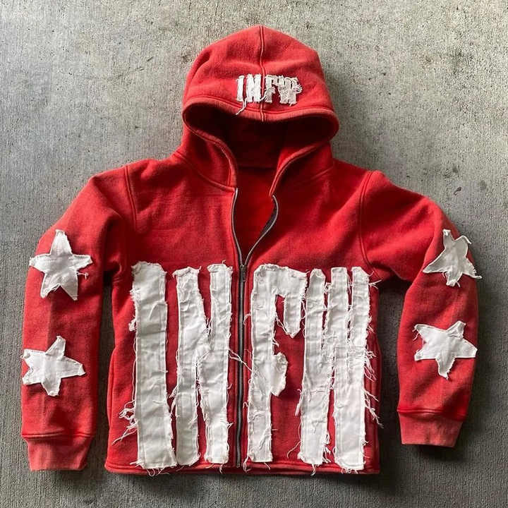 Custom Distressed Zip up Hoodie Men - Dcy Custom Applique Patch 