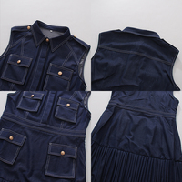 Robe longue en jean sans manches pour femme, col à revers, boutonnée, bleue, multi-poches, jupe plissée, pour les loisirs et les vacances, vente en gros