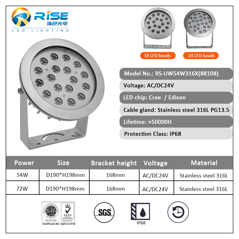 Submersible 316L Stainless Steel LED Underwater Lamp 54W 24V Waterproof IP68 RGBW Dimmable 3-Year Warranty Large Pool Fountain