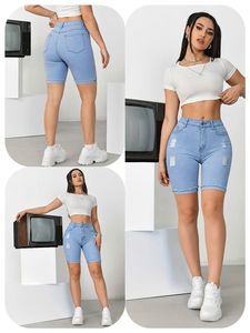 Short en <span class=keywords><strong>jean</strong></span> skinny bleu clair déchiré avec <span class=keywords><strong>ourlet</strong></span> <span class=keywords><strong>effiloché</strong></span> pour sorties décontractées et vacances, taille mi-haute, délavage clair, extensible, pour <span class=keywords><strong>femme</strong></span> - Product Image 2
