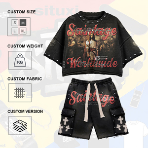 <span class=keywords><strong>Completo</strong></span> Set T-shirt <span class=keywords><strong>e</strong></span> <span class=keywords><strong>Pantaloncini</strong></span> da <span class=keywords><strong>Uomo</strong></span> Popolare, Stile Rap, con Bordo Grezzo Lavato <span class=keywords><strong>e</strong></span> Dettagli Rivetto, per Esterni <span class=keywords><strong>e</strong></span> Street Style - Product Image 2