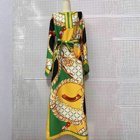 Robe longue ample en coton et polyester pour femme, style rétro, imprimé géométrique, taille lacée, ourlet droit, jupe fendue, collection transfrontalière 2026