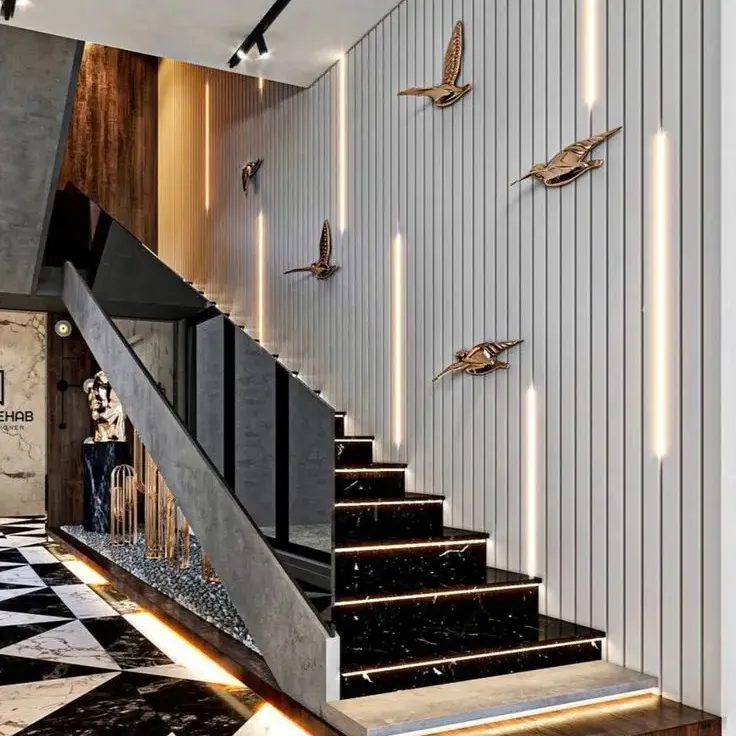 CBMmart 2024 yeni tasarım ahşap sırt ve çerçevesiz cam korkuluk ile düz merdiven merkezi omurga merdiven merdiven yüzer