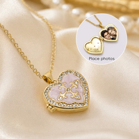 Pendentif Cœur Romantique avec Deux Cadres Photo, Bordure en Cristal et Émail, en Laiton et Acier Inoxydable, Collier Bijou Souvenir pour la Personne Chérie