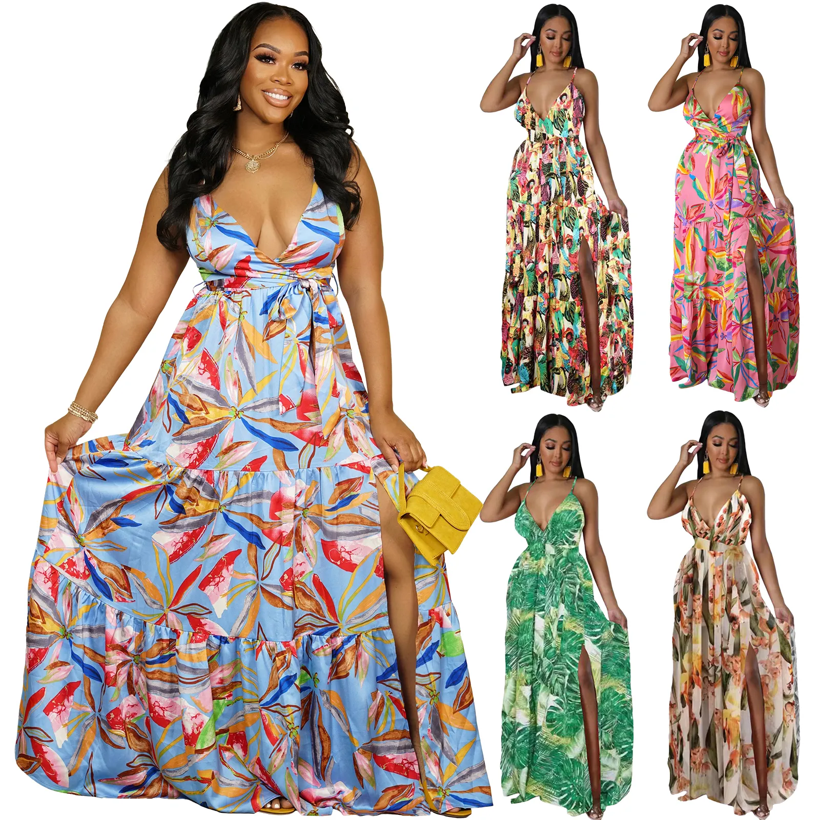 Robe d'été à fleurs pour femmes Hawaiian Beach Printed Sling Long dress