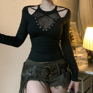 Camiseta de Malla Gótica Ajustada y Ecológica de Venta Caliente al por Mayor de Fábrica, Top Transparente de Manga Larga con Hombros Descubiertos, Tejido Cómodo - Product Image 3