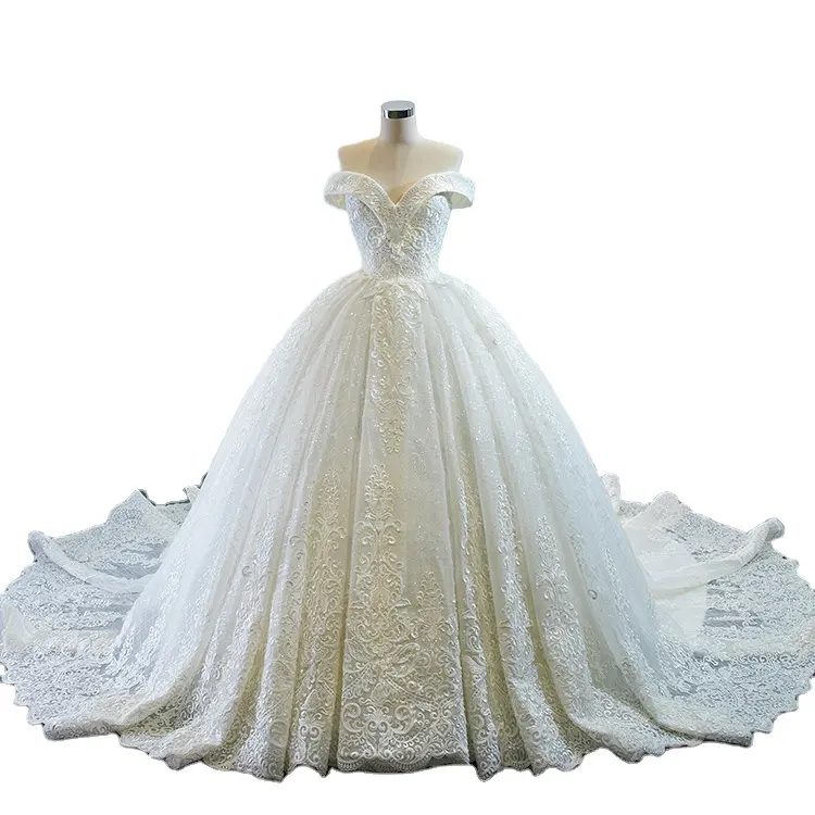 Новейшее дизайнерское свадебное платье с открытыми плечами, блестящее тяжелое кружевное платье с большим шлейфом, свадебное платье